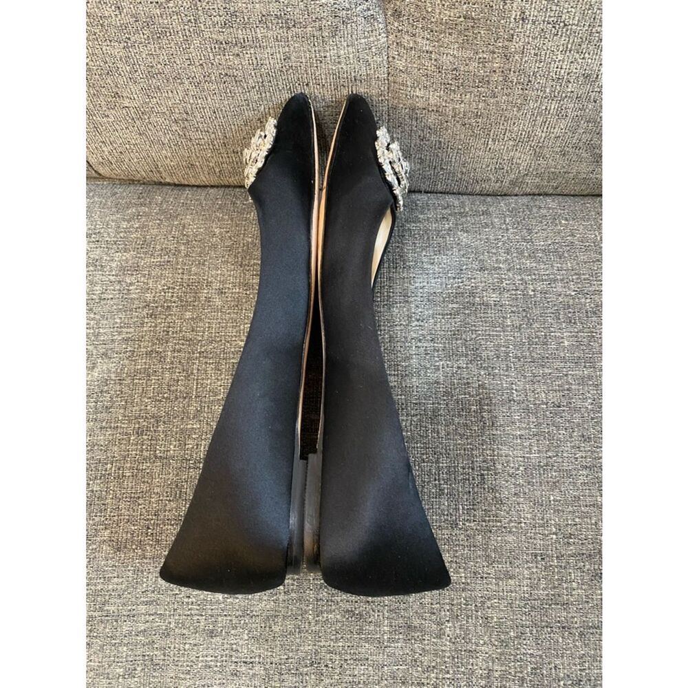 Badgley Mischka Black Satin Pointed Toe Flats with Crystal Medallion Women’s  8 - Picture 6 of 9